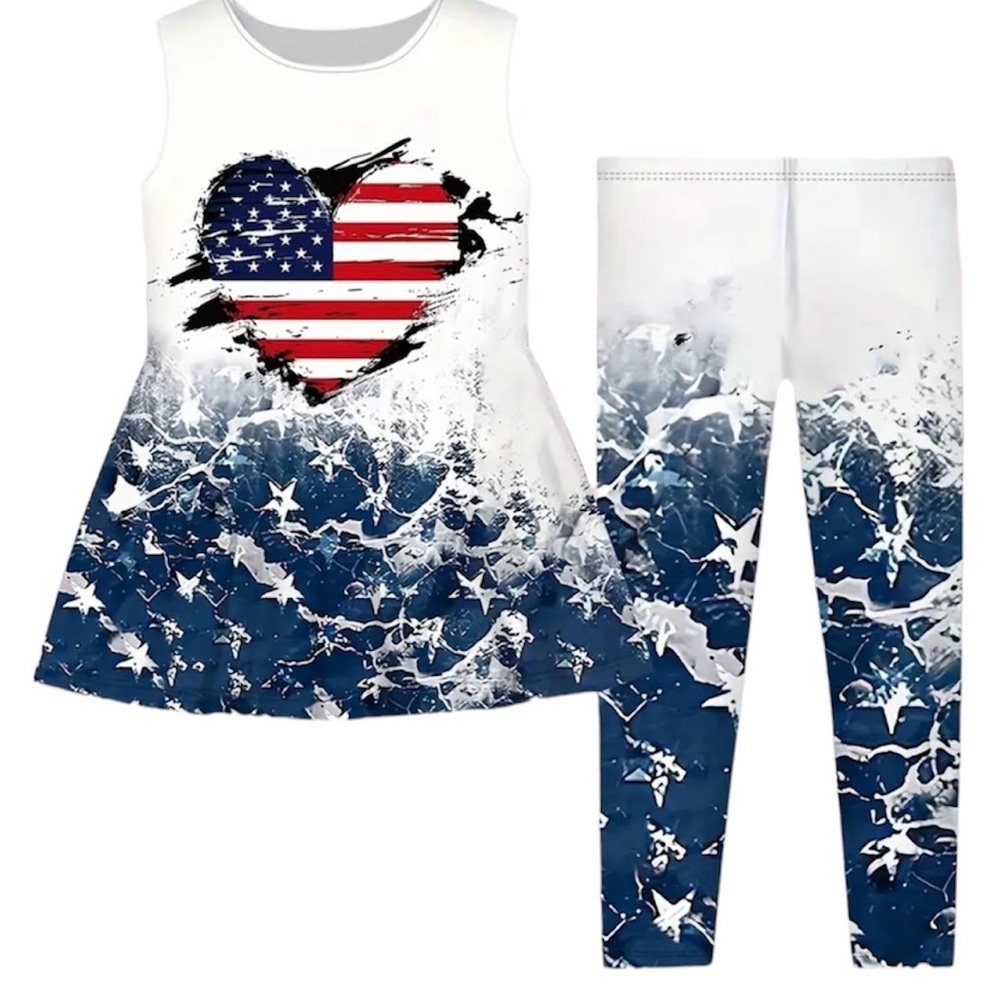 New, Boutique Patriotic 4th of July 2 Pc Girls Outfit,Tunic And Leggings 7-8